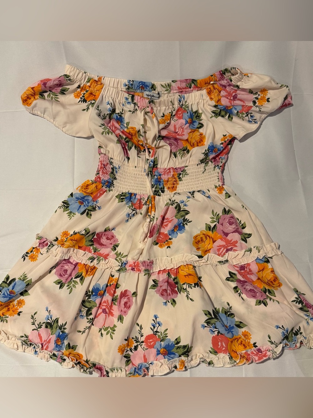 Charlotte Russe Cream Off-Shoulder Floral Dress with Pink, Yellow & Blue Flowers